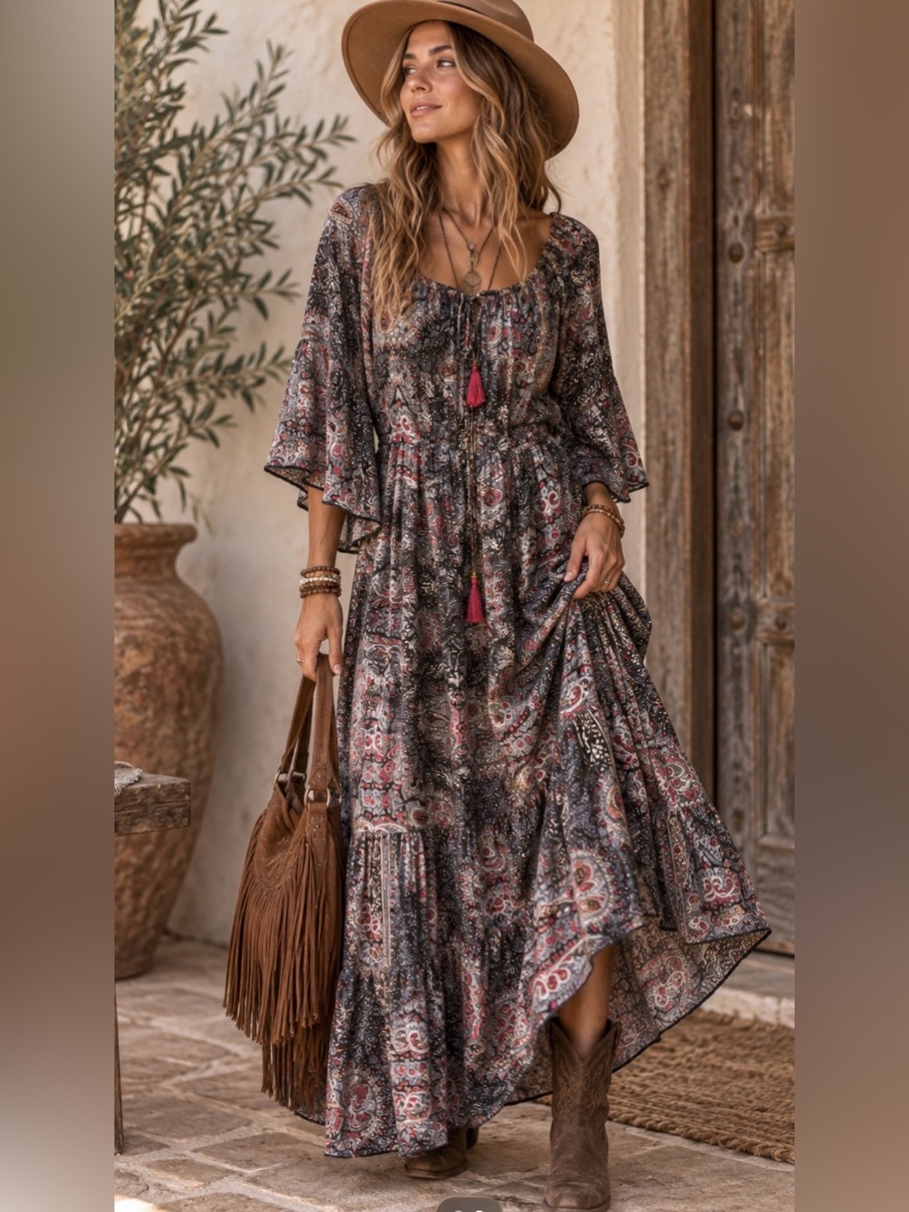 Earthbound Trading Co Paisley Boho Maxi Dress Bell Sleeves NWT